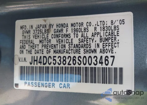 2006 Acura Rsx from USA, damaged, VIN JH4DC53826S003467